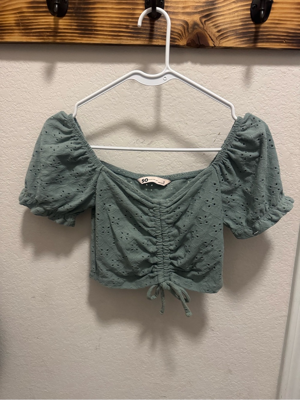 SO Sage Green Eyelet Ruched Tie-Front Crop Top